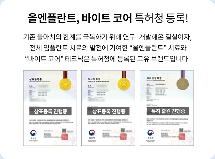 올엔플란트, 바이트 코어 특허청 등록! 기존 풀아치의 한계를 극복하기 위해 연구·개발해온 결실이자, 전체 임플란트 치료의 발전에 기여한 “올엔플란트” 치료와 “바이트 코어” 테크닉은 특허청에 등록된 고유 브랜드입니다.
