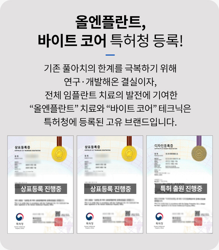 올엔플란트, 바이트 코어 특허청 등록! 기존 풀아치의 한계를 극복하기 위해 연구·개발해온 결실이자, 전체 임플란트 치료의 발전에 기여한 “올엔플란트” 치료와 “바이트 코어” 테크닉은 특허청에 등록된 고유 브랜드입니다.